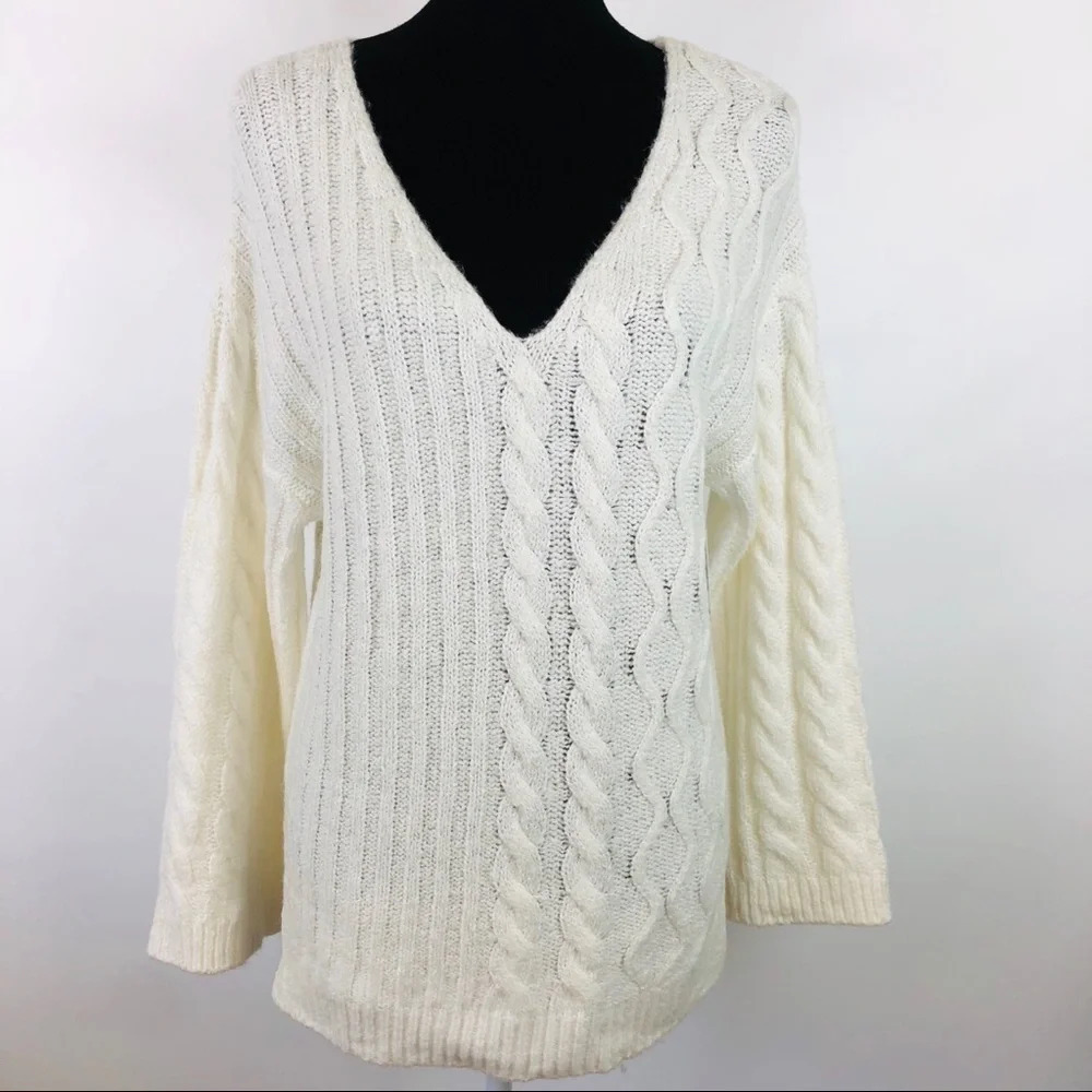 NWT BP Nordstrom XS Oversized V‎ Neck Cable Tunic Sweater Tunic Pullover Cream